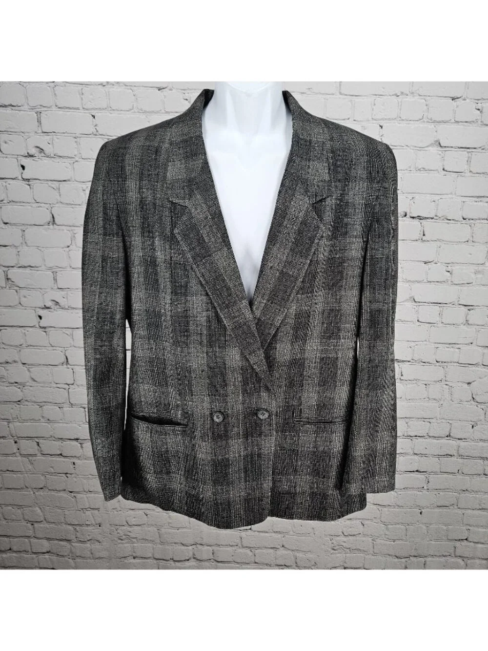 VTG Mark Shale Grey Check Double Breasted Notch Blazer Sport Coat USA 42